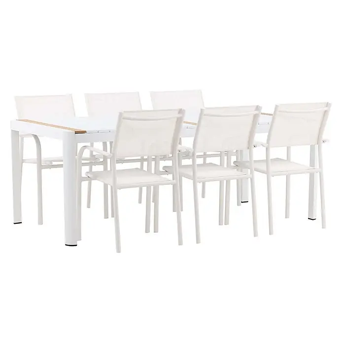 Ebuy24 Gartentisch-Set Togo - Gesamtumfang: 7 -tlg., L x B x H: 100 x 200 x 75 cm, Ø x H: 100 x 75 cm, Aluminium, Stapelbar - Weißes Outdoor-Essgruppe mit acht Stühlen und einem rechteckigen Tisch mit Holzleiste.