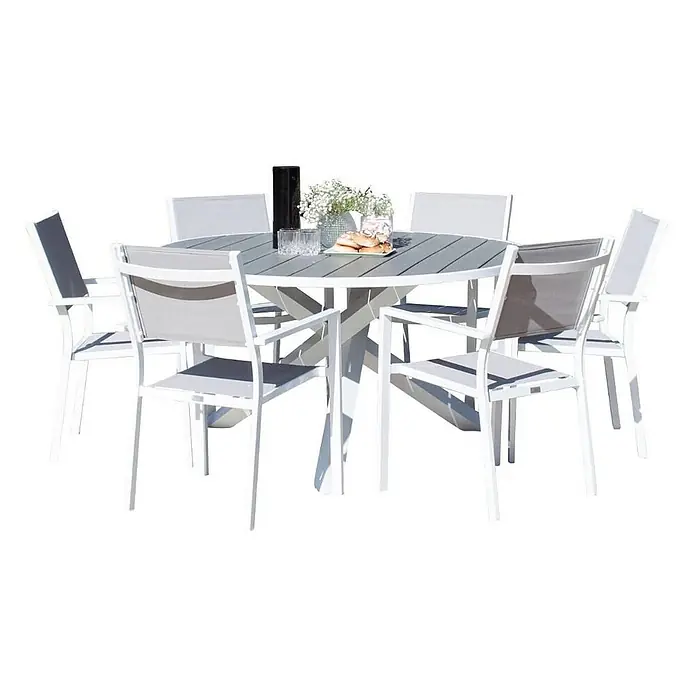Ebuy24 Gartentisch-Set Parma - Gesamtumfang: 7 -tlg., L x B x H: 140 x 140 x 73 cm, Ø x H: 140 x 73 cm, Aintwood, Stapelbar - Weißes Metall-Outdoor-Essset mit rundem, grauem Lamellentisch und sechs Stühlen mit grauen Textilsitzen und Rückenlehnen.