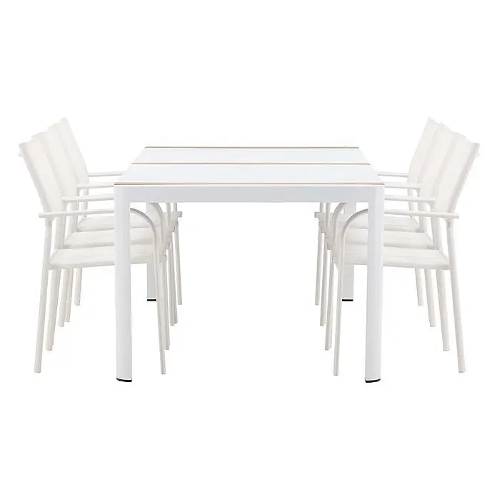 Ebuy24 Gartentisch-Set Togo - Gesamtumfang: 7 -tlg., L x B x H: 100 x 200 x 75 cm, Ø x H: 100 x 75 cm, Aluminium, Stapelbar - Weißes Outdoor-Essset mit rechteckigem Tisch und sechs Stühlen, Tischplatte mit Holz-Akzenten.