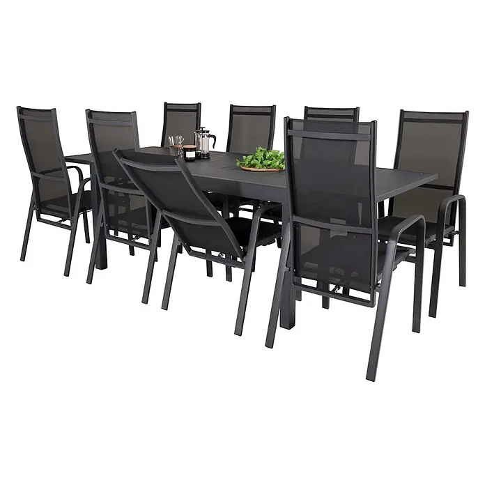 Ebuy24 Gartentisch-Set Marbella - Gesamtumfang: 9 -tlg., L x B x H: 100 x 160 x 75 cm, Ø x H: 100 x 75 cm, 30 % Polyester, 70 % PVC, Aluminium, Textil Aluminium, Stapelbar - Dunkelgraues Outdoor-Esstischset mit Lamellentisch und acht Netzstühlen, teils mit Armlehnen.