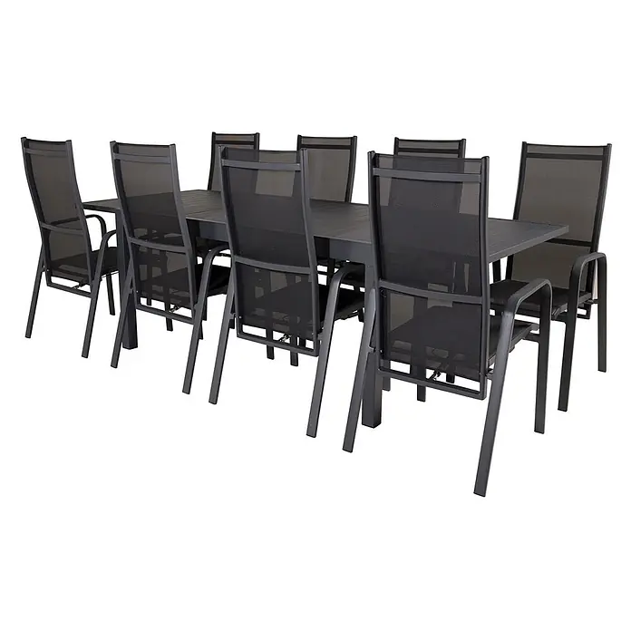 Ebuy24 Gartentisch-Set Marbella - Gesamtumfang: 9 -tlg., L x B x H: 100 x 160 x 75 cm, Ø x H: 100 x 75 cm, 30 % Polyester, 70 % PVC, Aluminium, Textil Aluminium, Stapelbar - Dunkelgraues Outdoor-Essgruppe aus Metall mit acht schwarzen Textil-Stühlen und Lamellentisch.