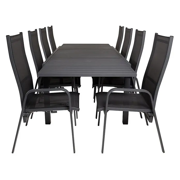 Ebuy24 Gartentisch-Set Marbella - Gesamtumfang: 9 -tlg., L x B x H: 100 x 160 x 75 cm, Ø x H: 100 x 75 cm, 30 % Polyester, 70 % PVC, Aluminium, Textil Aluminium, Stapelbar - Dunkelgraue Outdoor-Essgruppe mit rechteckigem Lamellentisch und acht Stühlen mit Netzbespannung.