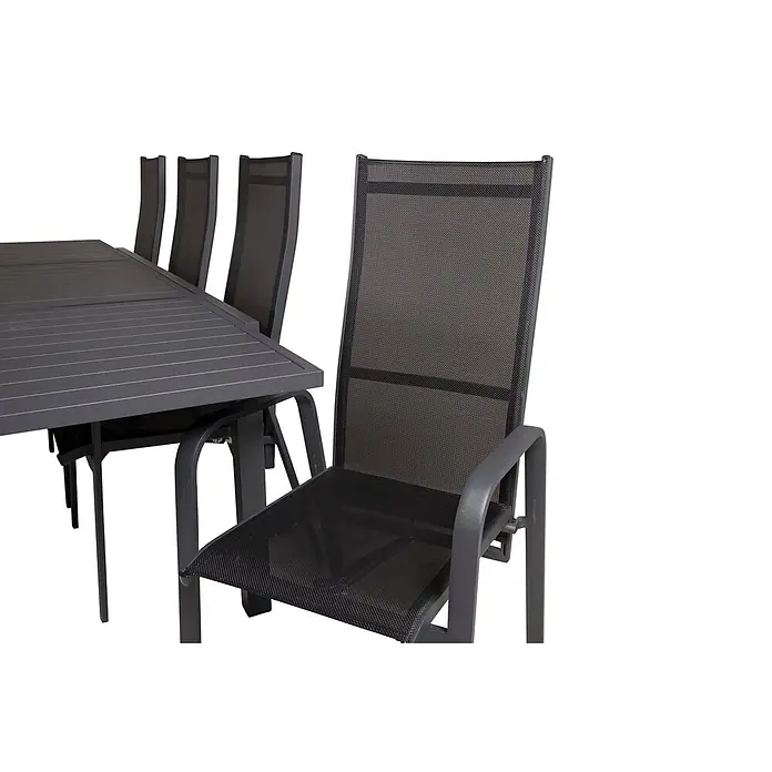 Ebuy24 Gartentisch-Set Marbella - Gesamtumfang: 9 -tlg., L x B x H: 100 x 160 x 75 cm, Ø x H: 100 x 75 cm, 30 % Polyester, 70 % PVC, Aluminium, Textil Aluminium, Stapelbar - Dunkelgraue Metall-Terrassen-Esstisch mit Lattenplatte und passenden Stühlen mit Netzbespannung.