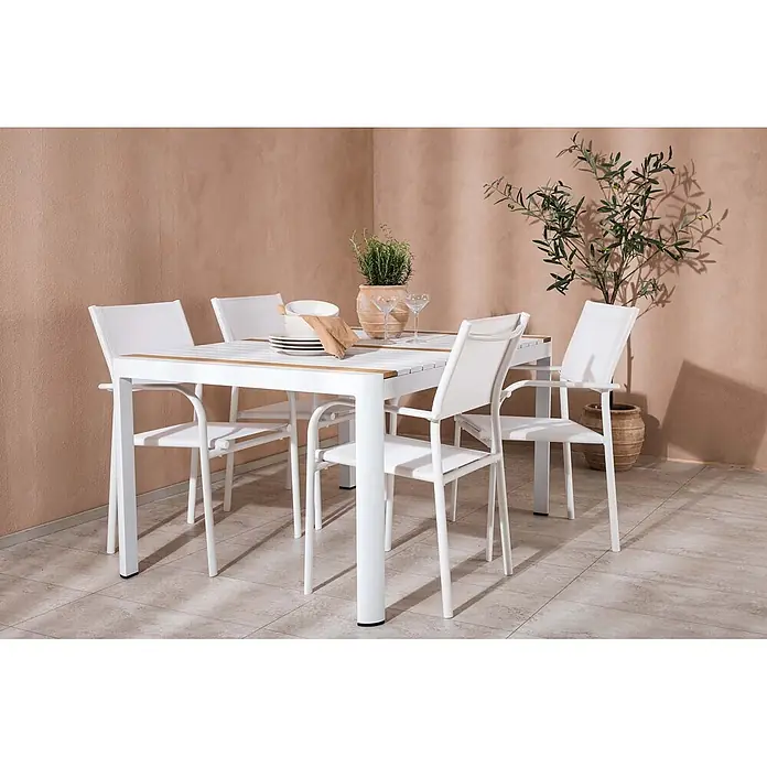 Ebuy24 Gartentisch-Set Togo - Gesamtumfang: 5 -tlg., L x B x H: 90 x 150 x 75 cm, Ø x H: 90 x 75 cm, Aluminium, Stapelbar - Weißes Outdoor-Esstisch-Set mit Holztischplatte und Stühlen mit Netzbespannung auf einer Terrasse.