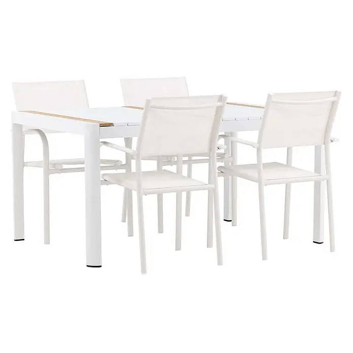Ebuy24 Gartentisch-Set Togo - Gesamtumfang: 5 -tlg., L x B x H: 90 x 150 x 75 cm, Ø x H: 90 x 75 cm, Aluminium, Stapelbar - Weißes Outdoor-Esstischset aus Metall mit Netzstühlen und Holzakzent auf dem Tisch.