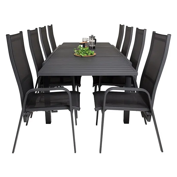 Ebuy24 Gartentisch-Set Marbella - Gesamtumfang: 9 -tlg., L x B x H: 100 x 160 x 75 cm, Ø x H: 100 x 75 cm, 30 % Polyester, 70 % PVC, Aluminium, Textil Aluminium, Stapelbar - Dunkelgraues Aluminium-Gartenset mit rechteckigem Tisch und 8 Netzstühlen.