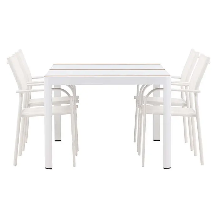Ebuy24 Gartentisch-Set Togo - Gesamtumfang: 5 -tlg., L x B x H: 90 x 150 x 75 cm, Ø x H: 90 x 75 cm, Aluminium, Stapelbar - Weiße Garten-Essgruppe mit rechteckigem Tisch und sechs Stühlen. Tischplatte mit weißen und holzfarbenen Lamellen.