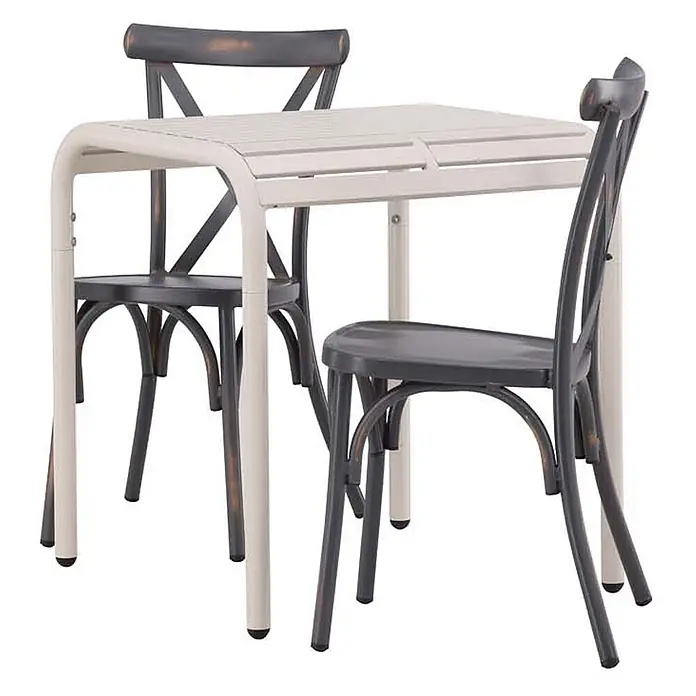 Ebuy24 Gartentisch-Set Borneo - Gesamtumfang: 3 -tlg., L x B x H: 70 x 70 x 75 cm, Ø x H: 70 x 75 cm, Aluminium, Stapelbar - Heller Gartentisch mit Lattenplatte und zwei dunkelgrauen Vintage-Kreuzstühlen.