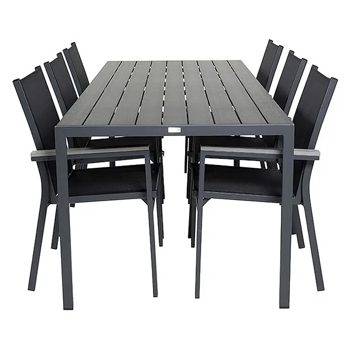 Ebuy24 Gartentisch-Set Break - Gesamtumfang: 7 -tlg., L x B x H: 205 x 90 x 74 cm, Ø x H: 90 x 74 cm, Aintwood Aluminium Textil, Stapelbar - Dunkelgraue Outdoor-Essgruppe mit Lattenrosttisch und sechs Stühlen mit schwarzem Netz und Holzarmlehnen.