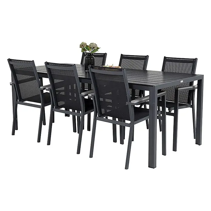 Ebuy24 Gartentisch-Set Break - Gesamtumfang: 7 -tlg., L x B x H: 205 x 90 x 74 cm, Ø x H: 90 x 74 cm, Aintwood Aluminium Textil, Stapelbar - Dunkelgraues Aluminium-Gartenmöbel-Set mit Lattenrosttisch und sechs Stühlen mit schwarzem Netzstoff und hellen Holzarmlehnen.