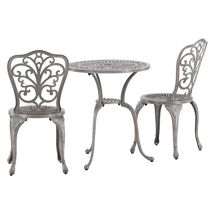 Ebuy24 Gartentisch-Set Nandin - Gesamtumfang: 3 -tlg., L x B x H: 60 x 60 x 73 cm, Ø x H: 60 x 73 cm, Aluminium, Stapelbar - Graues Metall-Bistro-Set mit aufwendigen Verzierungen, bestehend aus Rundtisch und zwei Stühlen.