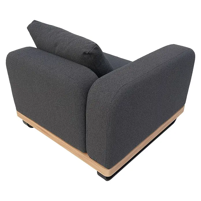 Sunfun Conjunto de muebles Cintia - 6 pzs., Aluminio/Poliéster, Antracita - Sillón de tela gris oscuro con base de madera clara y patas negras.