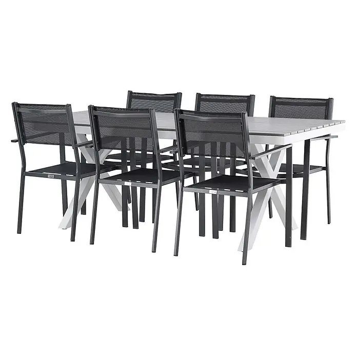 Ebuy24 Gartentisch-Set Garcia - Gesamtumfang: 7 -tlg., L x B x H: 100 x 200 x 74 cm, Ø x H: 100 x 74 cm, Textil Aluminum, Stapelbar - Rechteckige Outdoor-Essgruppe: hellgrauer Lamellentisch mit weißen X-Beinen und sechs dunkelgrauen Stühlen mit schwarzem Netz.