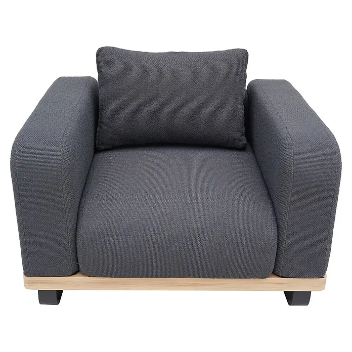 Sunfun Conjunto de muebles Cintia - 6 pzs., Aluminio/Poliéster, Antracita - Sillón de tela gris con base de madera clara y patas negras.