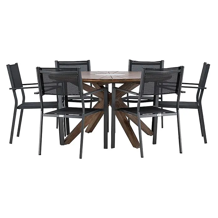 Ebuy24 Gartentisch-Set Rosario - Gesamtumfang: 7 -tlg., Akazie Aluminium Textil, Stapelbar - Outdoor-Essgruppe mit rundem Holztisch, zentralem Einsatz und sternförmigem Gestell, umgeben von sechs schwarzen Metallstühlen mit Netzgewebe.