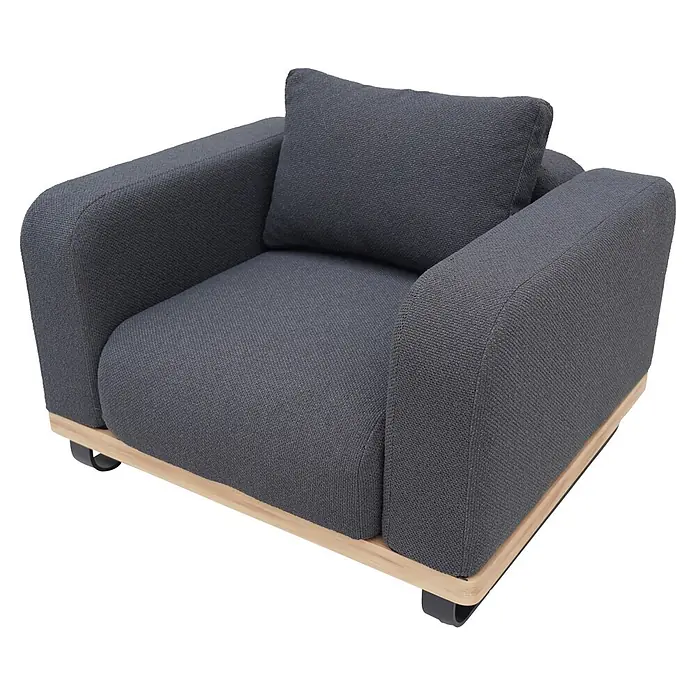 Sunfun Conjunto de muebles Cintia - 6 pzs., Aluminio/Poliéster, Antracita - Sillón de tela gris oscuro con cojín de respaldo y base de madera clara con ruedas oscuras.