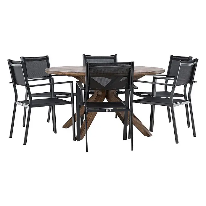 Ebuy24 Gartentisch-Set Rosario - Gesamtumfang: 7 -tlg., Akazie Aluminium Textil, Stapelbar - Runder Holztisch mit Kreuzgestell, umgeben von sechs schwarzen Metallstühlen mit Netzsitzen und Rückenlehnen.