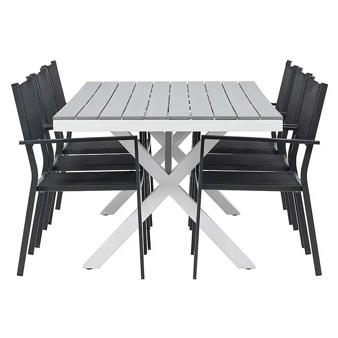 Ebuy24 Gartentisch-Set Garcia - Gesamtumfang: 7 -tlg., L x B x H: 100 x 200 x 74 cm, Ø x H: 100 x 74 cm, Textil Aluminum, Stapelbar - Weiß-grauer rechteckiger Latten-Gartentisch mit X-Beinen und sechs schwarzen Metall-Sesseln.