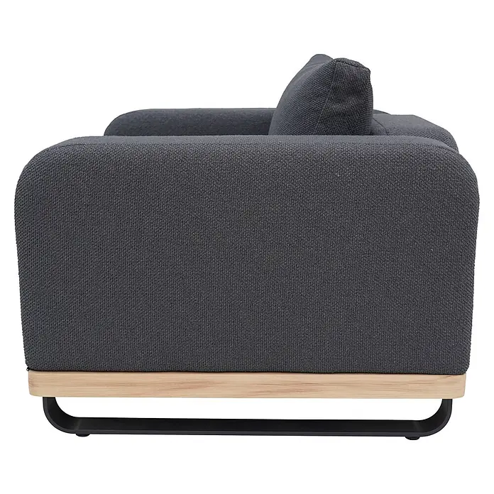 Sunfun Conjunto de muebles Cintia - 6 pzs., Aluminio/Poliéster, Antracita - Sofá de tela gris oscuro con ribete de madera clara y base de metal negro.