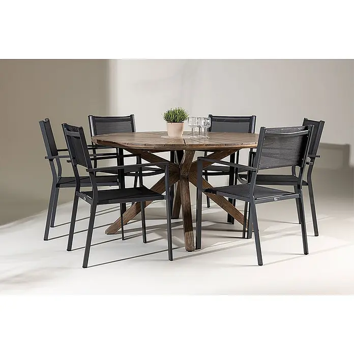 Ebuy24 Gartentisch-Set Rosario - Gesamtumfang: 7 -tlg., Akazie Aluminium Textil, Stapelbar - Runder Holztisch für den Außenbereich mit Sternfuß und sechs dunkelgrauen Netzstühlen.