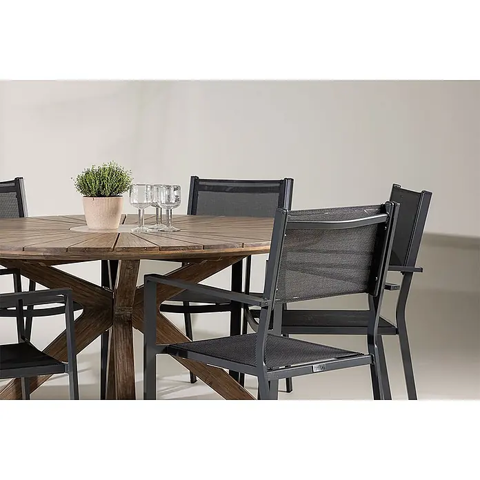 Ebuy24 Gartentisch-Set Rosario - Gesamtumfang: 7 -tlg., Akazie Aluminium Textil, Stapelbar - Gartenessgruppe: Runder Holztisch mit sternförmigem Fuß und dunkel gerahmten Stühlen mit schwarzem Netzgewebe.