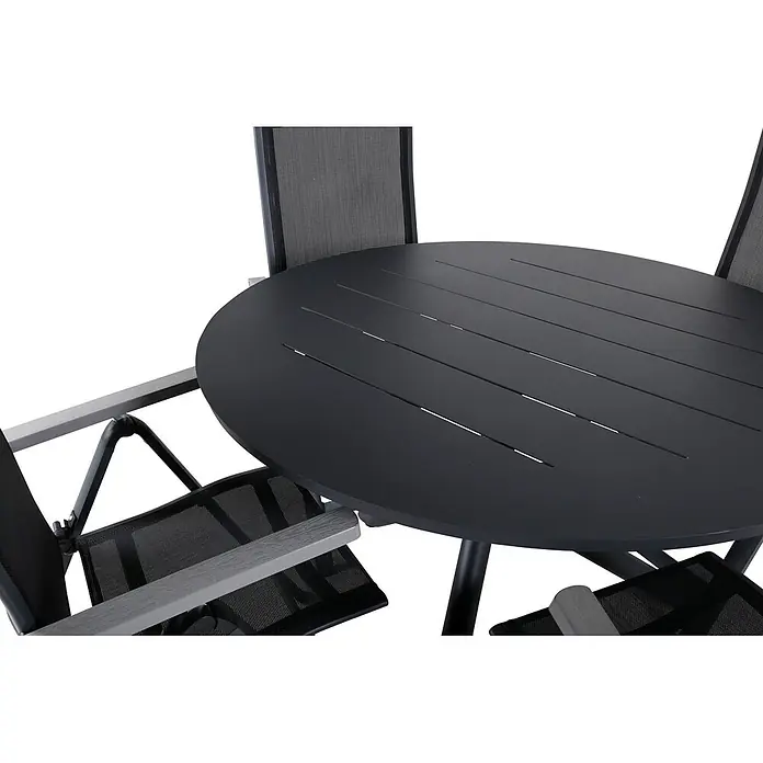 Ebuy24 Gartentisch-Set Alma - Gesamtumfang: 7 -tlg., L x B x H: 120 x 120 x 75 cm, Ø x H: 120 x 75 cm, Aintwood, Aluminium, Textil Aluminium, Stapelbar - Runder schwarzer Gartentisch mit Stühlen mit grauem Gestell und schwarzem Netzstoff.