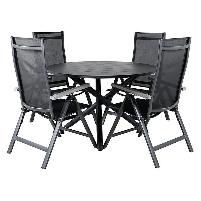 Ebuy24 Gartentisch-Set Alma - Gesamtumfang: 7 -tlg., L x B x H: 120 x 120 x 75 cm, Ø x H: 120 x 75 cm, Aintwood, Aluminium, Textil Aluminium, Stapelbar - Dunkelgraue Outdoor-Essgruppe mit rundem Lattenrosttisch und vier klappbaren Netzstühlen mit Armlehnen.