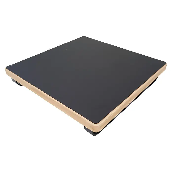Sunfun Conjunto de muebles Cintia - 6 pzs., Aluminio/Poliéster, Antracita - Plataforma cuadrada con superficie gris oscuro y marco de madera clara, sobre patas negras.