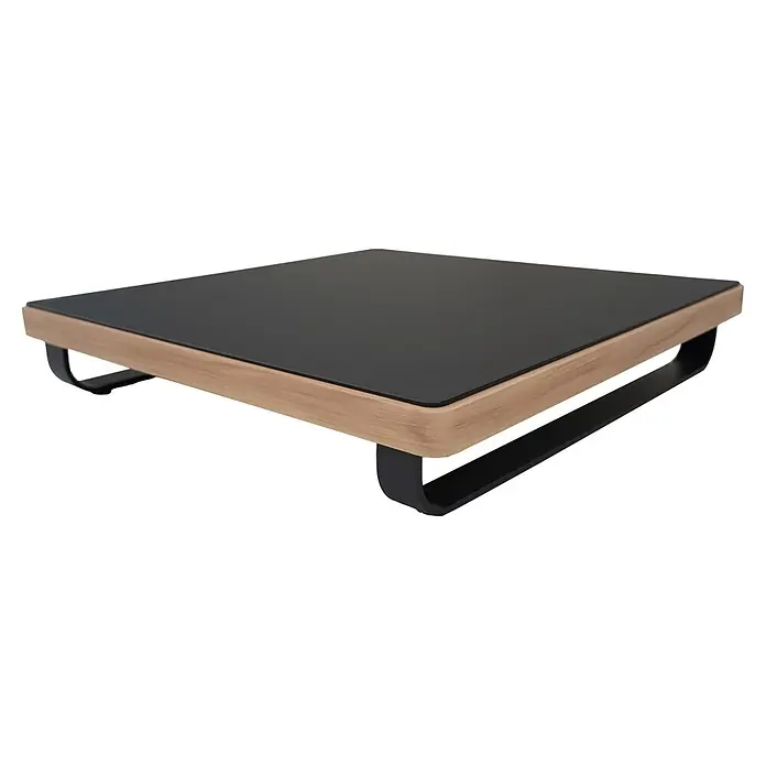 Sunfun Conjunto de muebles Cintia - 6 pzs., Aluminio/Poliéster, Antracita - Soporte bajo moderno para monitor con superficie negra, marco de madera clara y patas metálicas negras en forma de U.