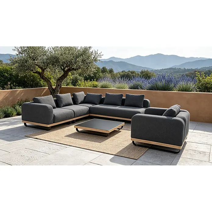 Sunfun Conjunto de muebles Cintia - 6 pzs., Aluminio/Poliéster, Antracita - Sofá seccional y sillón de exterior gris oscuro con base de madera y estructura negra en un patio con vistas a montañas y jardín.
