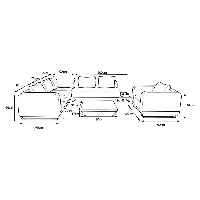 Sunfun Conjunto de muebles Cintia - 6 pzs., Aluminio/Poliéster, Antracita - Dibujo técnico de un sofá esquinero, sillón y mesa de centro con dimensiones detalladas.
