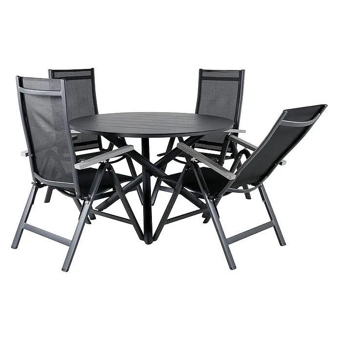 Ebuy24 Gartentisch-Set Alma - Gesamtumfang: 7 -tlg., L x B x H: 120 x 120 x 75 cm, Ø x H: 120 x 75 cm, Aintwood, Aluminium, Textil Aluminium, Stapelbar - Dunkelgraues Gartenset mit rundem Tisch und vier Stühlen mit Netzbespannung und hellgrauen Armlehnen.