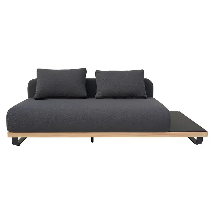Sunfun Conjunto de muebles Cintia - 6 pzs., Aluminio/Poliéster, Antracita - Tumbona de tela gris oscuro con base de madera clara, patas de metal negro y mesa auxiliar negra integrada.