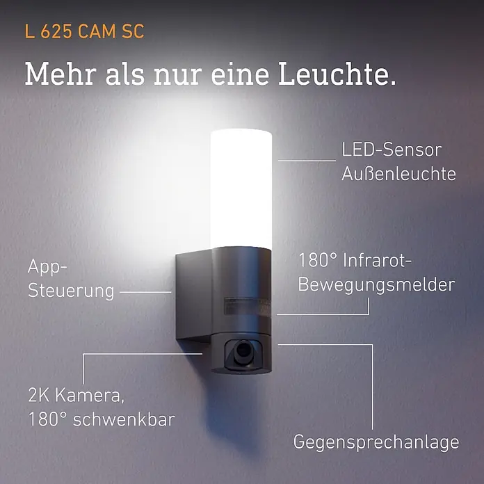 Steinel LED-Sensor-Außenwandleuchte L 625 CAM SC - 14 W, L x B x H: 13,1 x 7,8 x 30,5 cm, Anthrazit/Weiß, Warmweiß - Anthrazitfarbene LED-Außenleuchte mit integrierter Kamera, 180°-Bewegungsmelder und Gegensprechanlage.