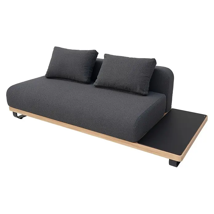 Sunfun Conjunto de muebles Cintia - 6 pzs., Aluminio/Poliéster, Antracita - Sofá lounge gris oscuro con base de madera, dos cojines de respaldo y mesita auxiliar negra integrada.