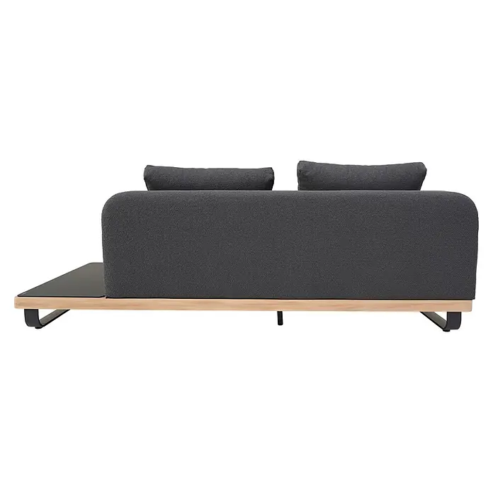 Sunfun Conjunto de muebles Cintia - 6 pzs., Aluminio/Poliéster, Antracita - Sofá de exterior tapizado gris oscuro con base de madera clara, patas de metal negro y mesa auxiliar de cristal negro integrada.