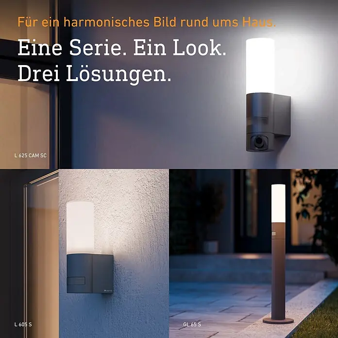 Steinel LED-Sensor-Außenwandleuchte L 625 CAM SC - 14 W, L x B x H: 13,1 x 7,8 x 30,5 cm, Anthrazit/Weiß, Warmweiß - Drei anthrazitfarbene Außenleuchten: Wandleuchte mit Kamera, Standard-Wandleuchte und Wegeleuchte erhellen Haus und Weg.
