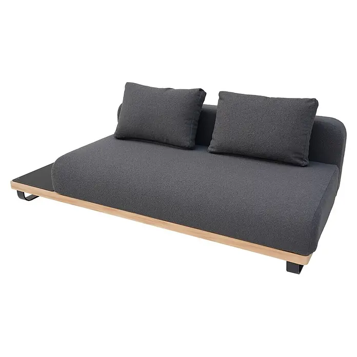 Sunfun Conjunto de muebles Cintia - 6 pzs., Aluminio/Poliéster, Antracita - Chaise longue de tela gris oscuro con estructura de madera clara, dos cojines y mesa auxiliar negra.