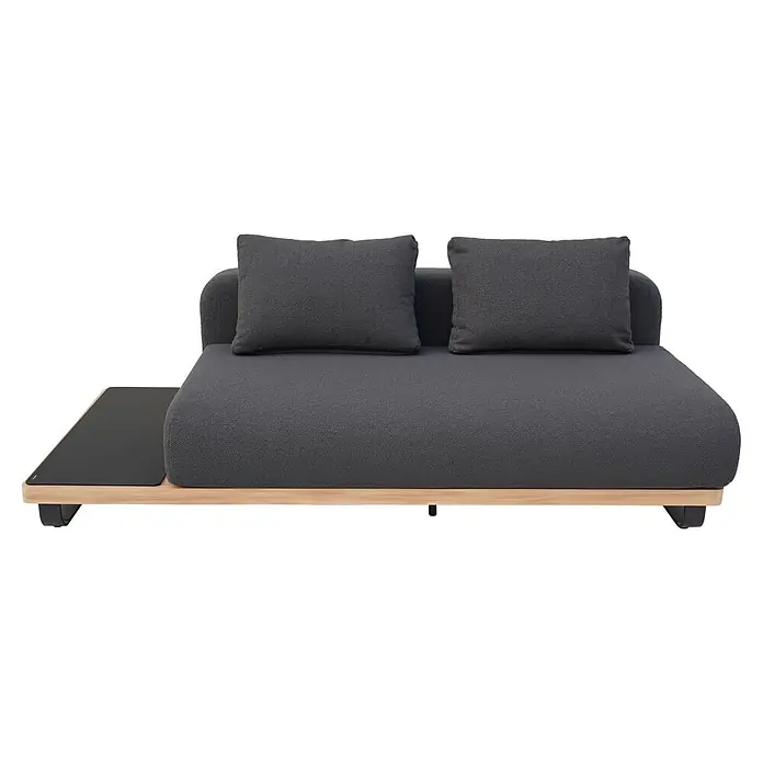 Sunfun Conjunto de muebles Cintia - 6 pzs., Aluminio/Poliéster, Antracita - Tumbona de exterior gris con base de madera y una mesa lateral gris oscuro integrada.
