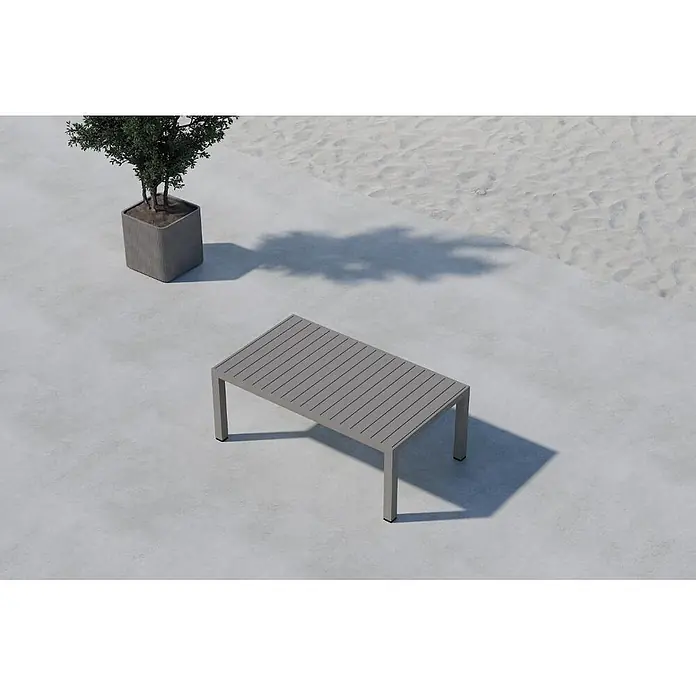Ebuy24 Garten-Loungetisch Copacabana - L x B x H: 70 x 120 x 45 cm, Ø x H: 70 x 45 cm, Aluminium, Braun, Stapelbar - Grauer rechteckiger Latten-Couchtisch für den Außenbereich.