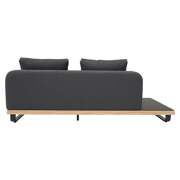 Sunfun Conjunto de muebles Cintia - 6 pzs., Aluminio/Poliéster, Antracita - Chaise longue de exterior gris oscuro con base de madera clara, patas negras y mesa auxiliar negra integrada.