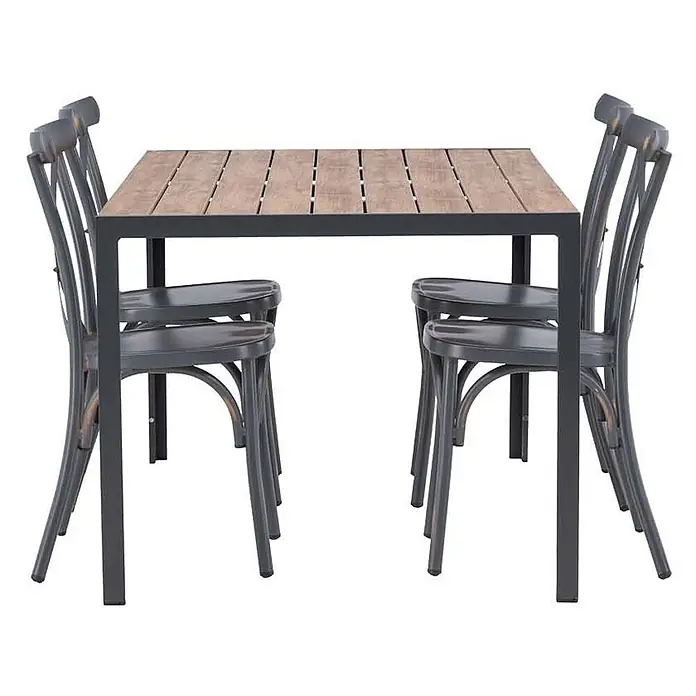 Ebuy24 Gartentisch-Set Break - Gesamtumfang: 5 -tlg., L x B x H: 90 x 150 x 74 cm, Ø x H: 90 x 74 cm, Aluminium, Kunststoff, Stapelbar - Dunkles Metall-Esstisch-Set mit Holzlattenplatte und vier dunkelgrauen Bistrostühlen.