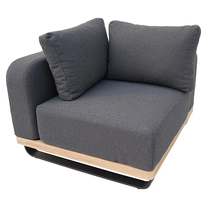 Sunfun Conjunto de muebles Cintia - 6 pzs., Aluminio/Poliéster, Antracita - Pieza esquinera de sofá modular gris con cojines de tela, marco de madera clara y patas de metal negro.