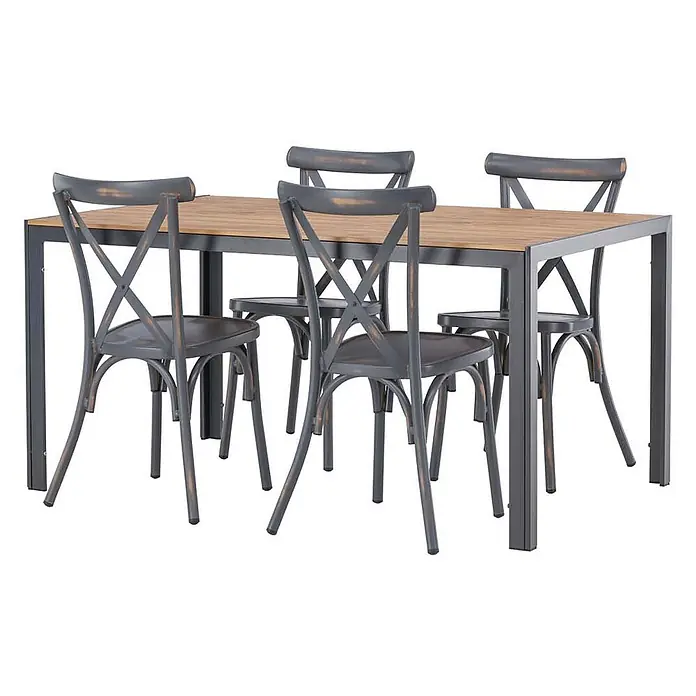 Ebuy24 Gartentisch-Set Break - Gesamtumfang: 5 -tlg., L x B x H: 90 x 150 x 74 cm, Ø x H: 90 x 74 cm, Aluminium, Kunststoff, Stapelbar - Esstisch mit Holzplatte und dunklem Metallgestell, dazu vier dunkelgraue, im Used-Look gehaltene Metallstühle.