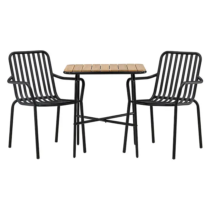 Ebuy24 Gartentisch-Set Holmbeck - Gesamtumfang: 3 -tlg., L x B x H: 70 x 88 x 74 cm, Ø x H: 88 x 74 cm, Akazie Stahl Aluminium, Stapelbar - Schwarzes Bistro-Set aus Metall mit zwei Lattenstühlen und einem rechteckigen Tisch mit Holzplatte.