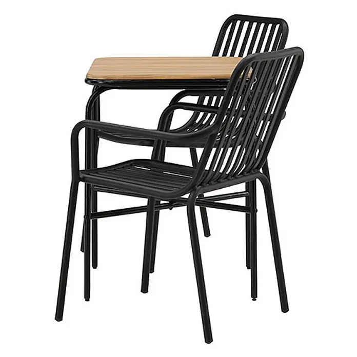 Ebuy24 Gartentisch-Set Holmbeck - Gesamtumfang: 3 -tlg., L x B x H: 70 x 88 x 74 cm, Ø x H: 88 x 74 cm, Akazie Stahl Aluminium, Stapelbar - Schwarzes Metall-Bistro-Set mit Lamellenstühlen und quadratischem Holztisch.
