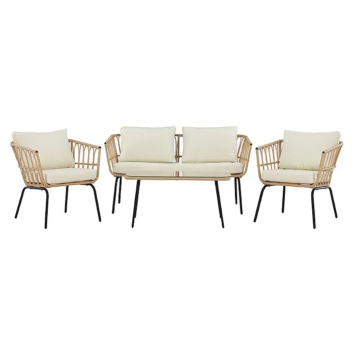 Ebuy24 Loungemöbel-Set Ortigia - 4 -tlg., Stahl, Natur - Rattan-Look Outdoor-Set: zwei Sessel, ein 2-Sitzer Sofa mit Glastisch. Naturfarbenes Gestell, schwarze Beine, cremefarbene Kissen.