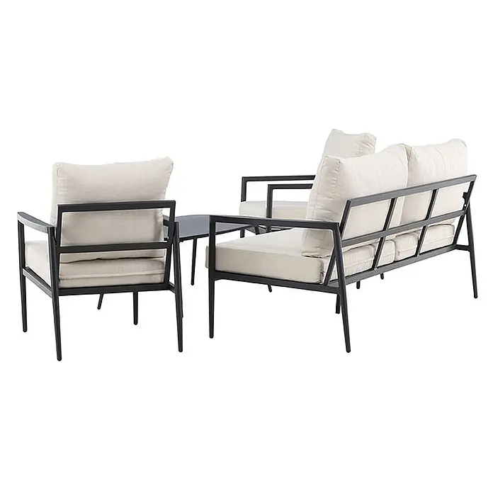 Ebuy24 Loungemöbel-Set Taromina - 4 -tlg., Aluminium, Schwarz - Dunkelgraues Metallgestell-Outdoor-Lounge-Set mit zwei Sesseln, einem Zweisitzer-Sofa und einem Beistelltisch, alle mit hellbeigen Kissen.