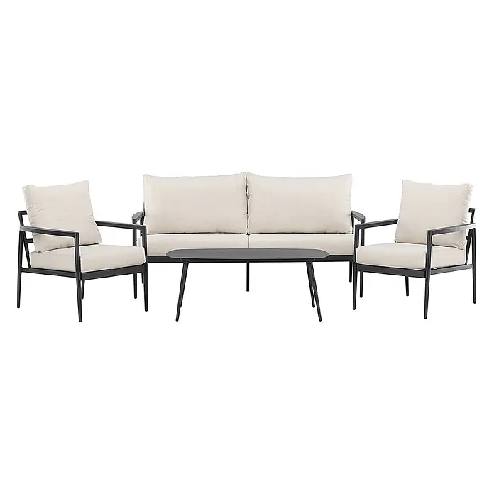 Ebuy24 Loungemöbel-Set Taromina - 4 -tlg., Aluminium, Schwarz - Modernes Outdoor-Loungeset mit dunklen Metallrahmen, zwei Sesseln, einem Zweiersofa und einem Kaffeetisch, mit hellbeigen Kissen.
