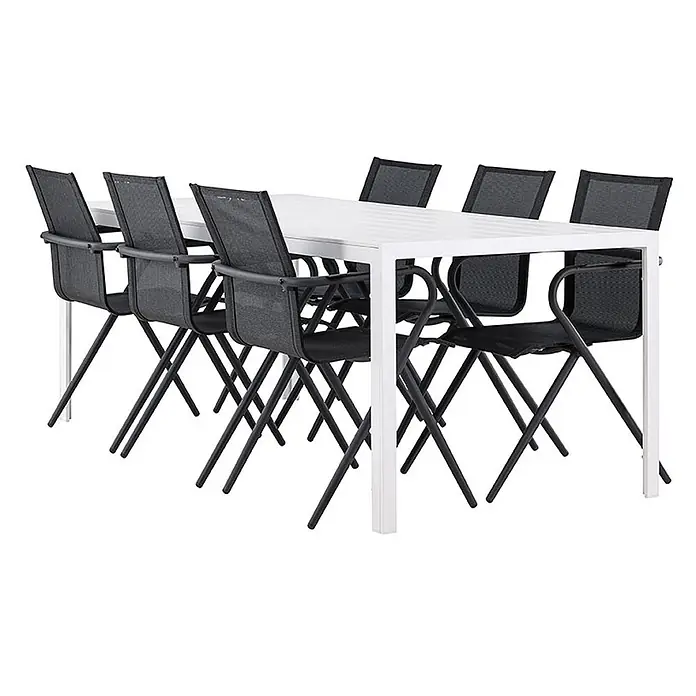 Ebuy24 Gartentisch-Set Break - Gesamtumfang: 7 -tlg., L x B x H: 205 x 90 x 75 cm, Ø x H: 90 x 75 cm, Aintwood Aluminium Textil, Stapelbar - Weißer rechteckiger Esstisch mit sechs schwarzen Netz-Sesseln.